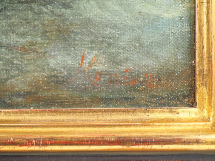 Ecole anglaise XIXème. "Barque à l'approche du navire". Huile sur toil