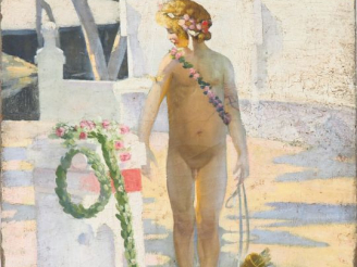 Vente aux enchères Ecole française début XXème. "Amour près de la fontaine". Huile sur to