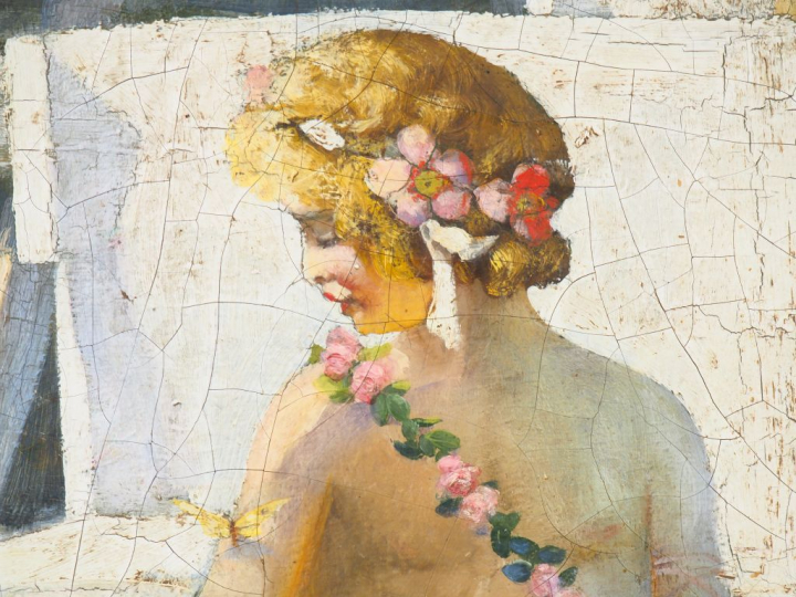 Ecole française début XXème. "Amour près de la fontaine". Huile sur to