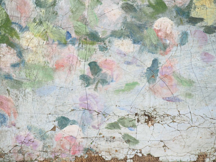 Ecole française début XXème. "Amour près de la fontaine". Huile sur to