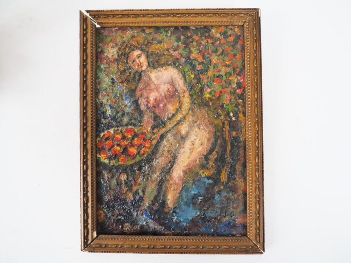 Ecole française début XXème. "Jeune fille au panier de fruits". Huile 