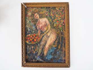 Vente aux enchères Ecole française début XXème. "Jeune fille au panier de fruits". Huile 