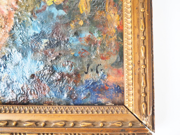 Ecole française début XXème. "Jeune fille au panier de fruits". Huile 