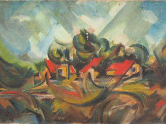 Vente aux enchères Ecole française XXème. "Paysage cubiste". Huile sur toile. Dim. 50 x 3