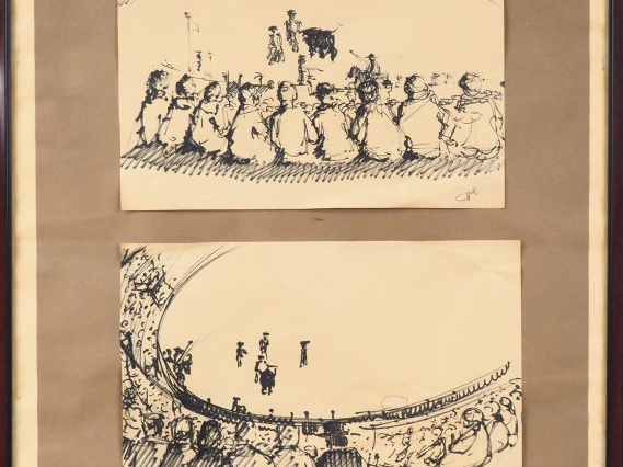 Ecole française XXème. "Scènes de corrida". 2 dessins au feutre dans u