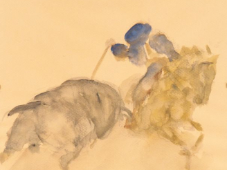 Vente aux enchères Ecole française XXème. "Rejoneo". Aquarelle sur canson. Dim. 30 x 24 c