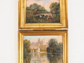 Vente aux enchères Ecole française début XXème. "Paysages lacustres". 2 huiles sur pannea