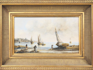 Vente aux enchères Ecole française XXème. "pêche sur le littoral". Huile sur panneau, sig