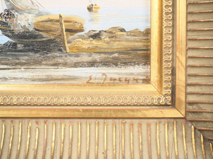Ecole française XXème. "pêche sur le littoral". Huile sur panneau, sig