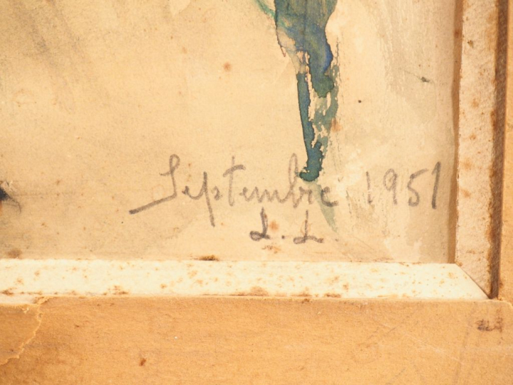Ecole française XXème. "Jeune femme endormie". Aquarelle monogrammée L