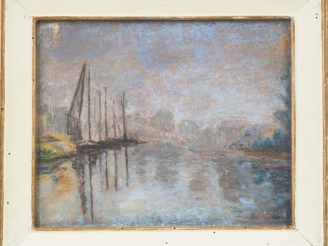 Vente aux enchères Ecole française XXème. "Bord de canal". Pastel, signé en bas à droite.