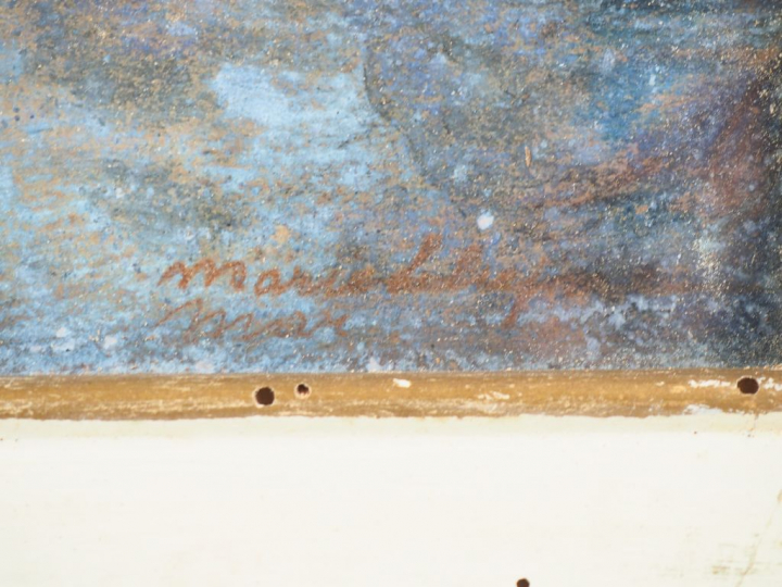 Ecole française XXème. "Bord de canal". Pastel, signé en bas à droite.