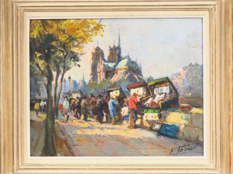 Vente aux enchères Ecole française XXème. "Les bouquinistes sur les quais à Paris". Huile