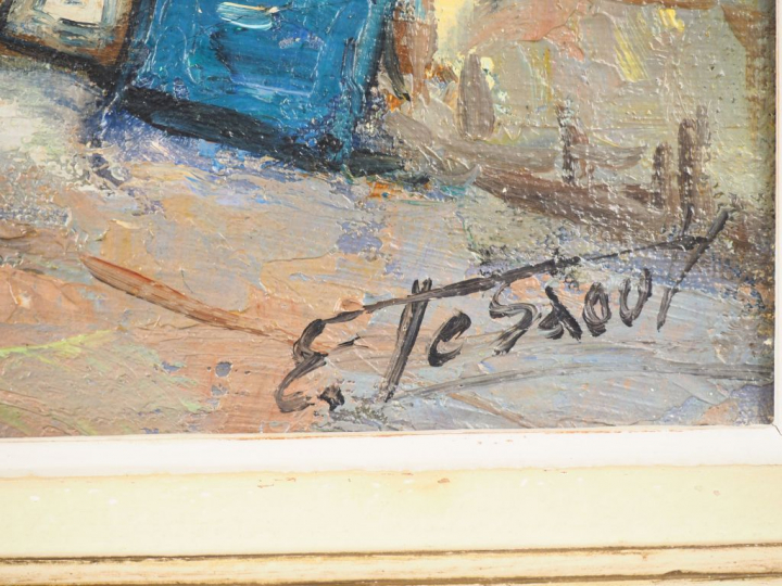 Ecole française XXème. "Les bouquinistes sur les quais à Paris". Huile
