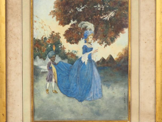 Vente aux enchères Ecole française XIXème. "Jeune élégante et son page". Aquarelle, signé