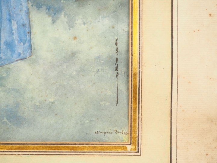 Ecole française XIXème. "Jeune élégante et son page". Aquarelle, signé