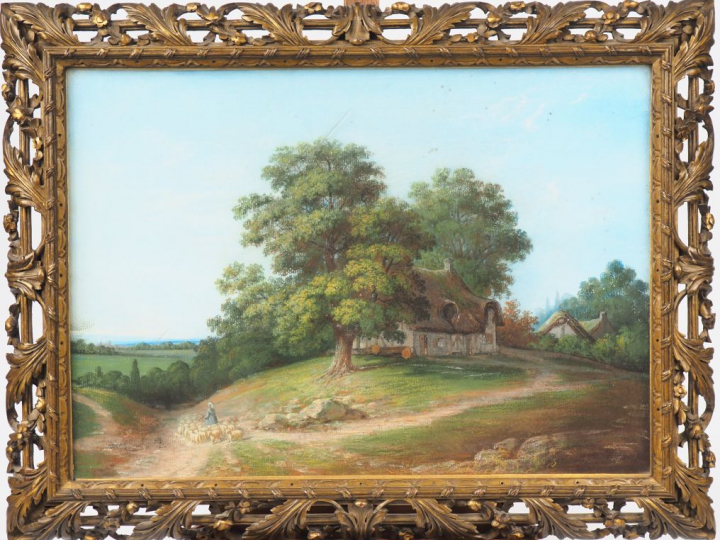 Ecole française XIXème.  "Bergère et son troupeau devant une chaumière