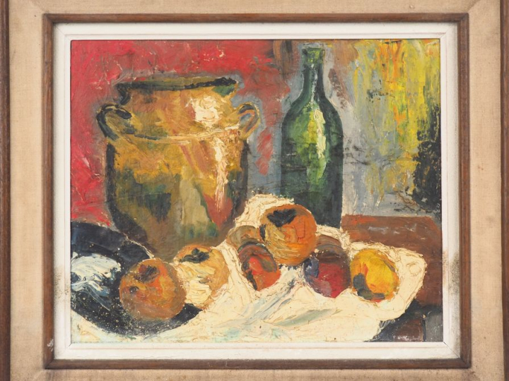 Ecole française XXème. "Nature morte aux pommes". Huile sur toile. Dim