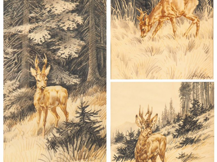Ecole française Xxème. "Les cerfs". 3 dessins signés. Dim. 42 x 34 cm.