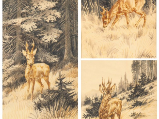 Vente aux enchères Ecole française Xxème. "Les cerfs". 3 dessins signés. Dim. 42 x 34 cm.