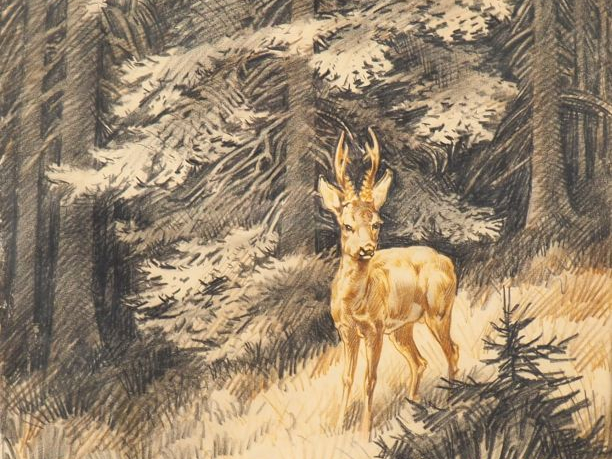 Ecole française Xxème. "Les cerfs". 3 dessins signés. Dim. 42 x 34 cm.