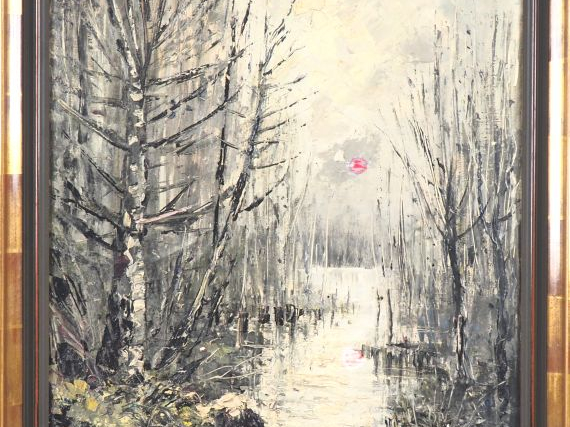 Ecole française XXème. "Paysage lacustre en hiver au coucher du soleil