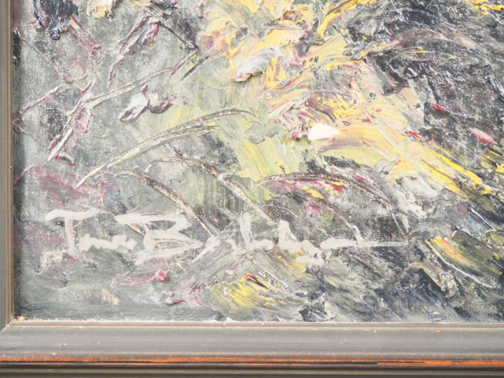 Ecole française XXème. "Paysage lacustre en hiver au coucher du soleil