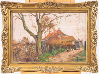 Vente aux enchères Ecole française XXème. "Poules devant une chaumière". Huile sur pannea