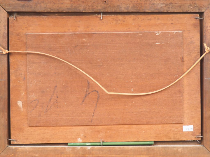 Ecole française XXème. "Poules devant une chaumière". Huile sur pannea