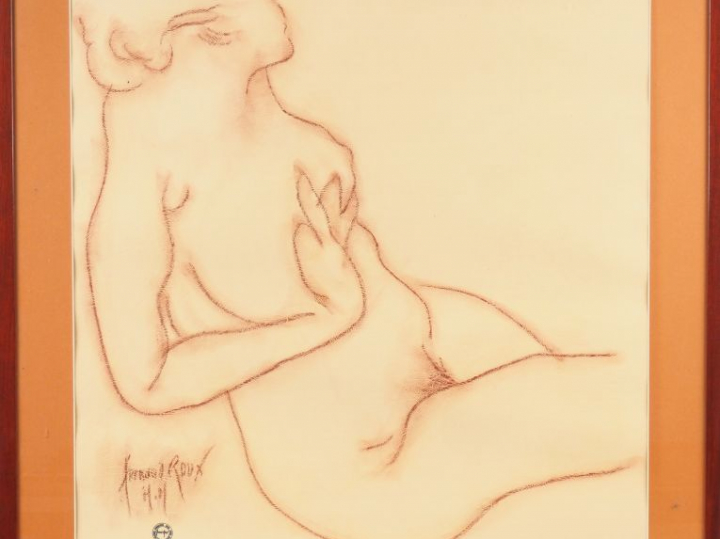 Fernand ROUX.  "Nu". Sanguine, signée en bas à gauche. Dim. (à vue) : 