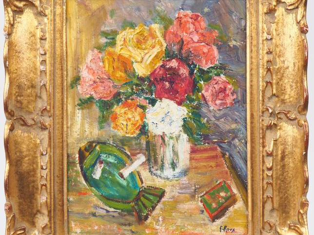 Fernand ROUX. "Nature morte aux fleurs". Huile sur isorel, signée en b