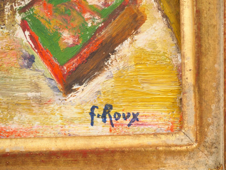 Fernand ROUX. "Nature morte aux fleurs". Huile sur isorel, signée en b