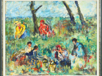 Vente aux enchères Fernand ROUX. "Scène de pique-nique". Huile sur toile, signée en bas à