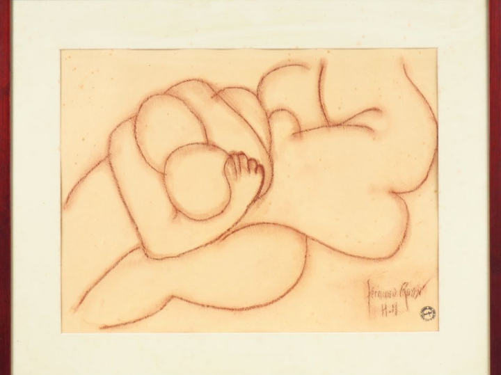 Fernand ROUX. "Couple enlacé". Dessin, signé en bas à droite. Dim. 43,