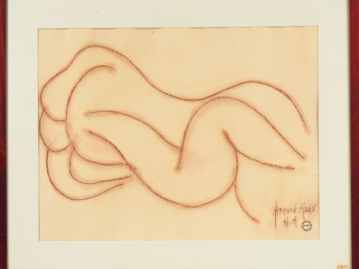 Fernand ROUX. "Couple enlacé II". Dim. (à vue) : 45 x 59,5 cm.