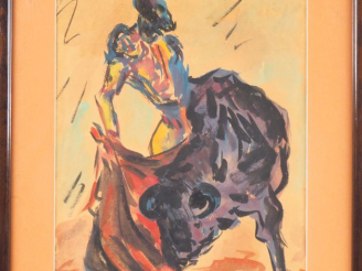 Vente aux enchères Fernand ROUX.  "Scène de corrida". Aquarelle, signée en bas à droite. 