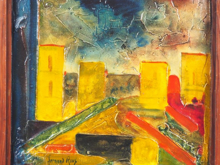 Fernand ROUX. "Vue de village". Technique mixte signée en bas à gauche