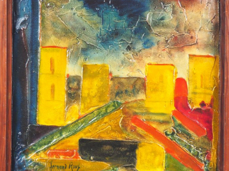 Vente aux enchères Fernand ROUX. "Vue de village". Technique mixte signée en bas à gauche