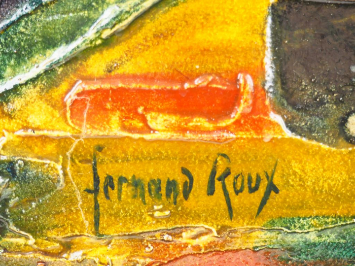 Fernand ROUX. "Vue de village". Technique mixte signée en bas à gauche