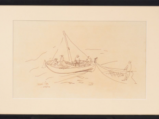 Vente aux enchères Fernand ROUX. "Pêcheurs à Collioure". Dessin, signé en bas à gauche. D