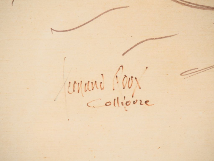Fernand ROUX. "Pêcheurs à Collioure". Dessin, signé en bas à gauche. D