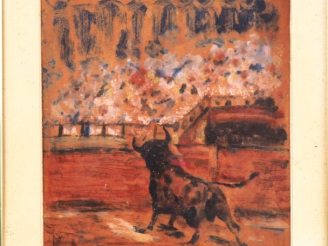 Vente aux enchères Fernand ROUX. "Taureau de combat dans une arène". Aquarelle, signée en