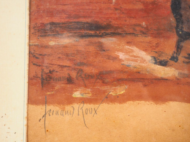 Fernand ROUX. "Taureau de combat dans une arène". Aquarelle, signée en