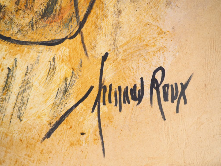 Fernand ROUX. "Portrait de femme". Technique mixte, signée en bas à dr