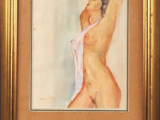Vente aux enchères Fernand ROUX. "Nu voilé". Aquarelle signée en bas à gauche.  Dim. 27 x
