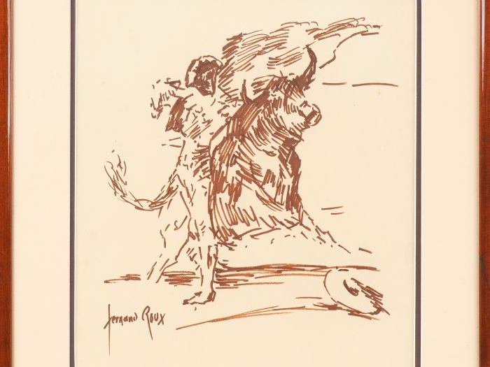 Fernand ROUX. "Scène de tauromachie". Dessin, signé en bas à gauche. D