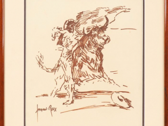 Vente aux enchères Fernand ROUX. "Scène de tauromachie". Dessin, signé en bas à gauche. D