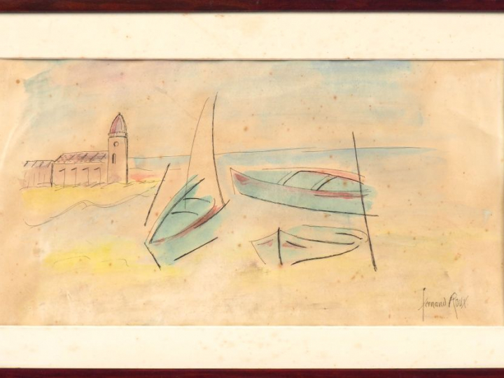 Fernand ROUX. "Barques sur la plage". Aquarelle, signée en bas à droit