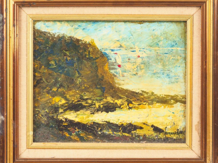Fernand ROUX. "Vue de la côte à Palma". Huile sur panneau, signée en b