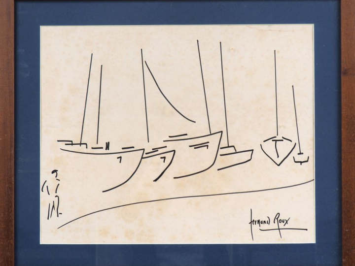 Fernand ROUX. "Port de plaisance". Dessin, signé en bas à droite. Dim.